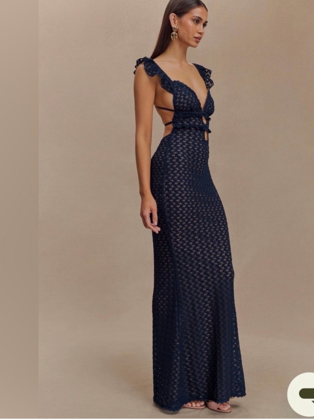 MESHKI Navy Blue Ruffled Open-Back Maxi Dress Size M